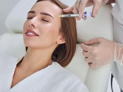 Young lady in white bathrobe lying on medicine chair while unrecognized beautician making injection for nourishing and rejuvenating the skin in beauty clinic