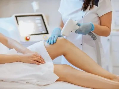 Doctors's hands in blue medical gloves holding a depilation machine and using it on the woman's legs. Focus is at the doctor's hands.Copy space.