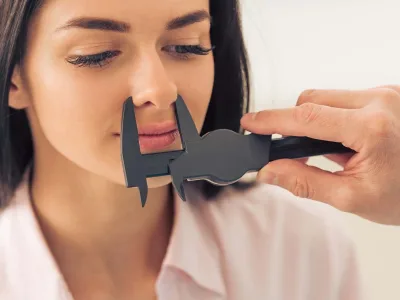 Doctor is examining beautiful young woman's face using a special equipment